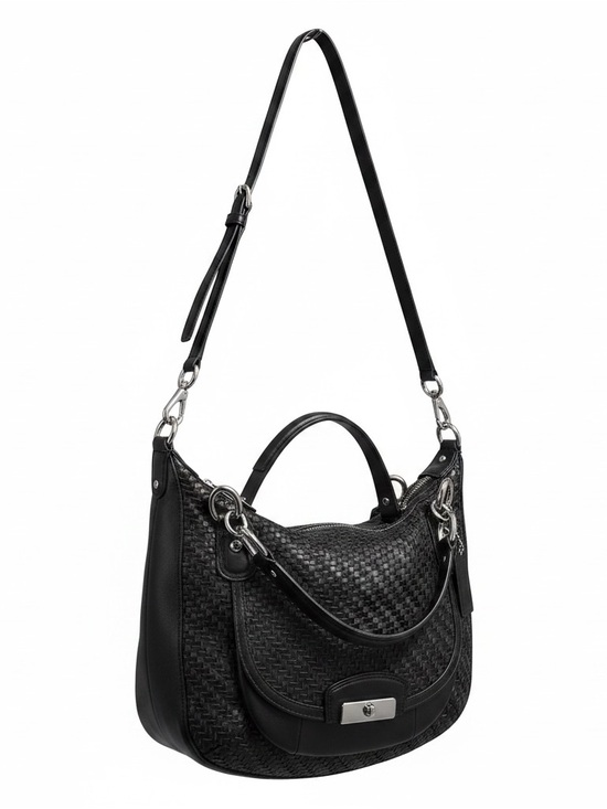 Coach Handbags - Coach Black Woven Leather Shoulder Bag with Silver Hardware Kristen